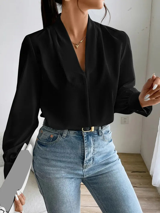 Einfarbige Bluse mit V-Ausschnitt